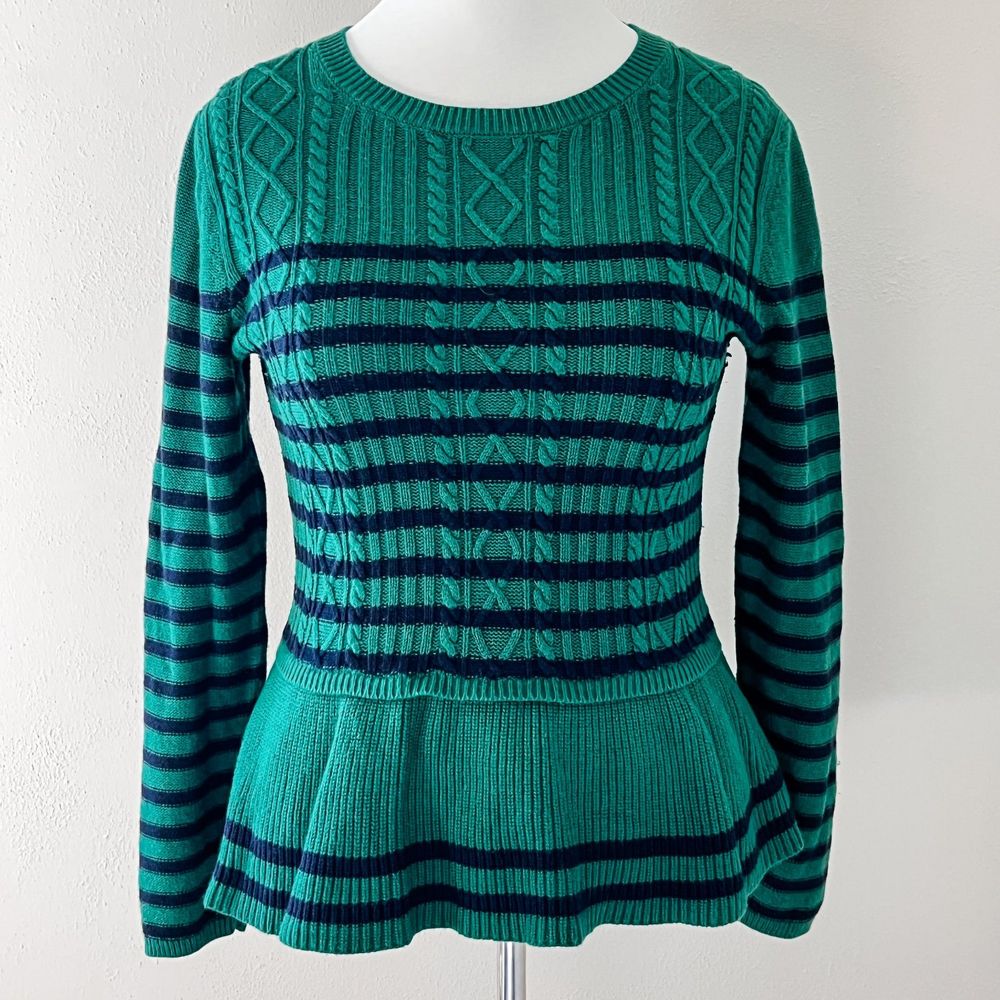 Vintage Talbots Kelly Green/Navy Striped Sweater w/ Peplum - Size Medium